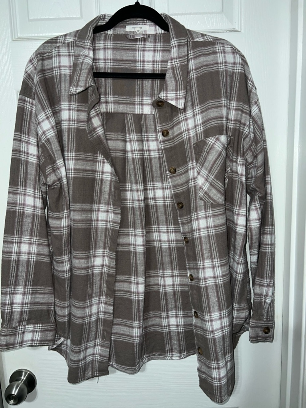 Maurices Taupe and White Plaid Shirt with Soft Pink Accents